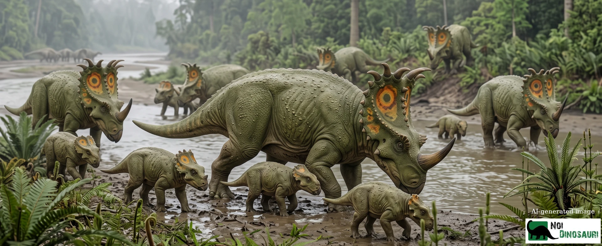 Mandria di Sinoceratops che attraversa un fiume, con cuccioli