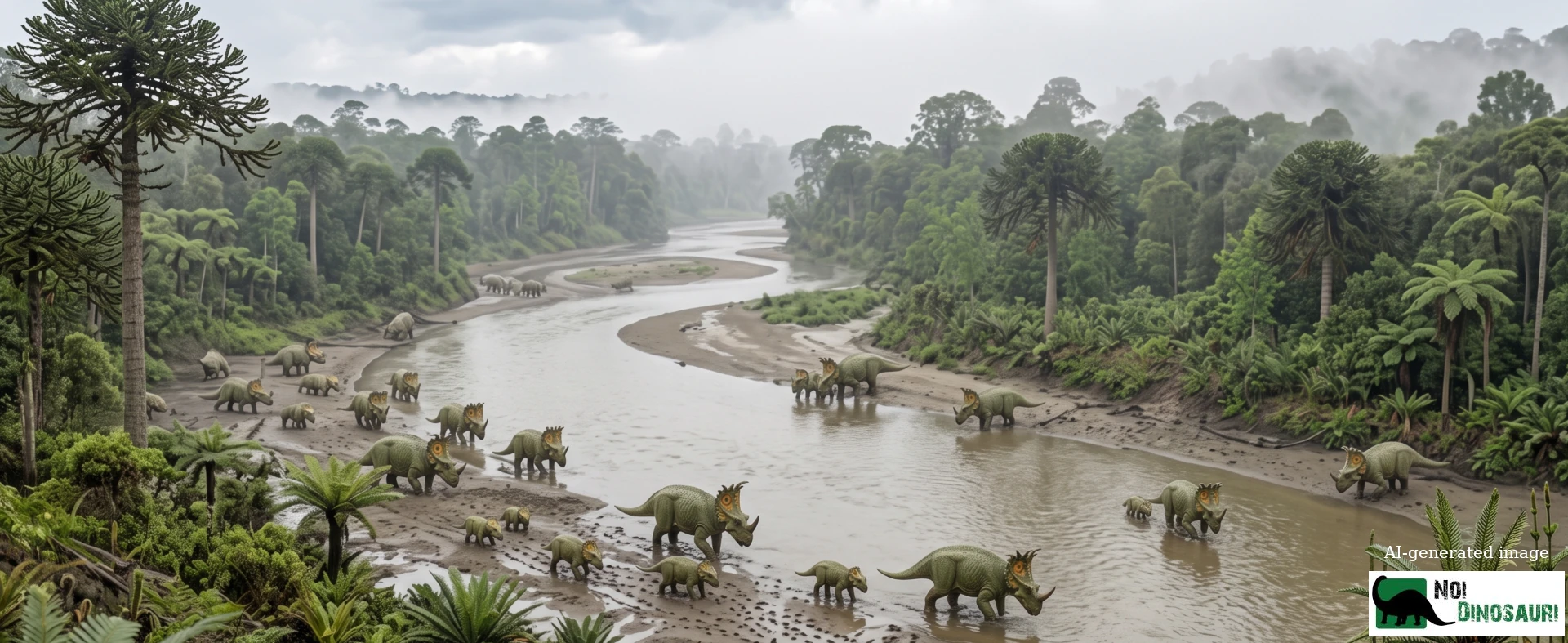 Mandria di Sinoceratops zhuchengensis in una pianura alluvionale