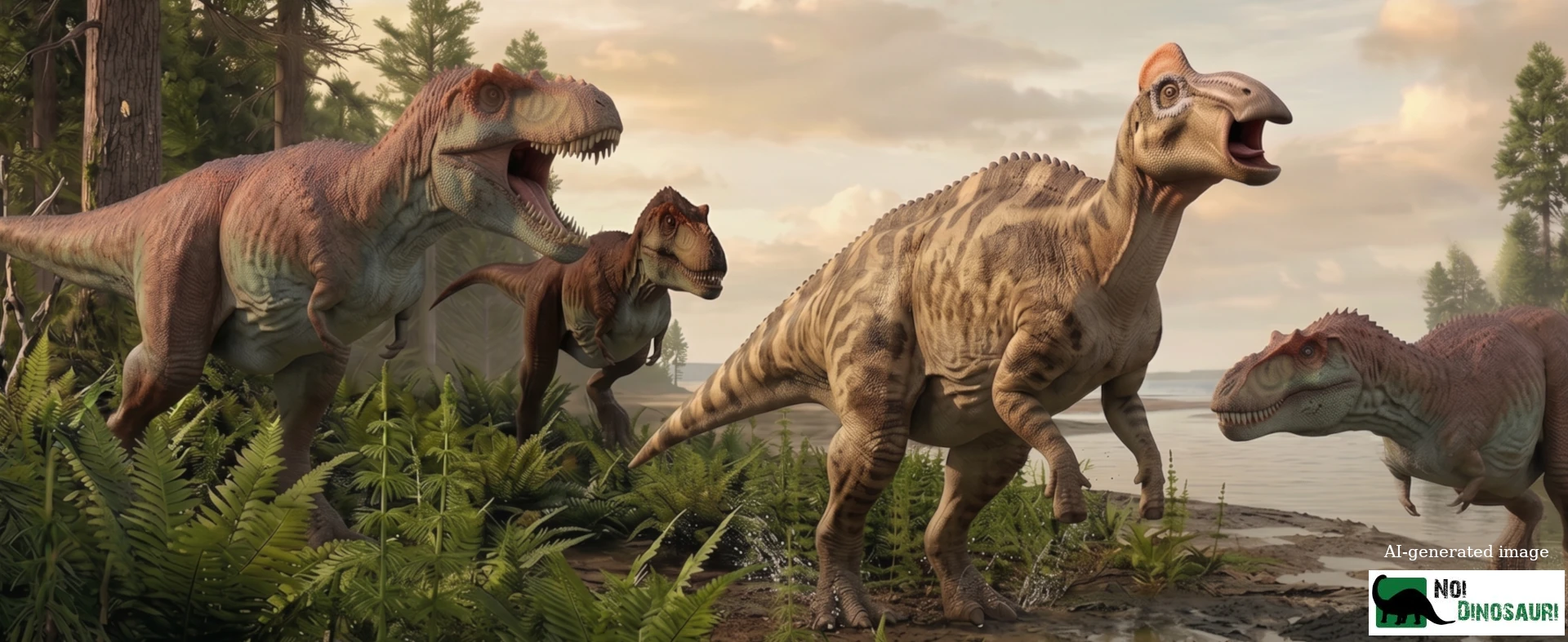 Scena di caccia di 3 Albertosaurus che attaccano un esemplare giovane di Edmontosaurus