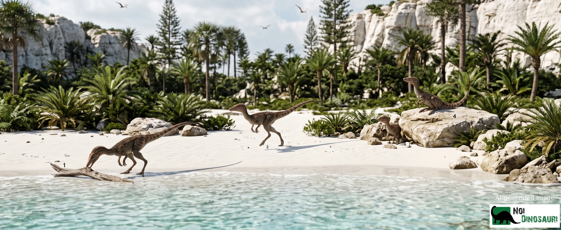 Gruppo di Compsognathus su spiaggia bianca