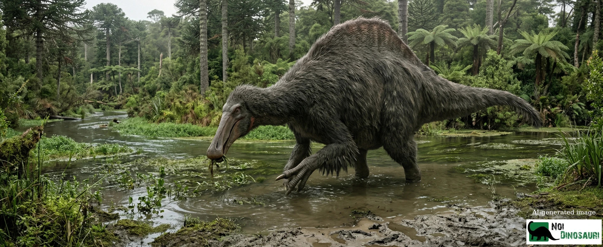 Deinocheirus che si ciba in una palude
