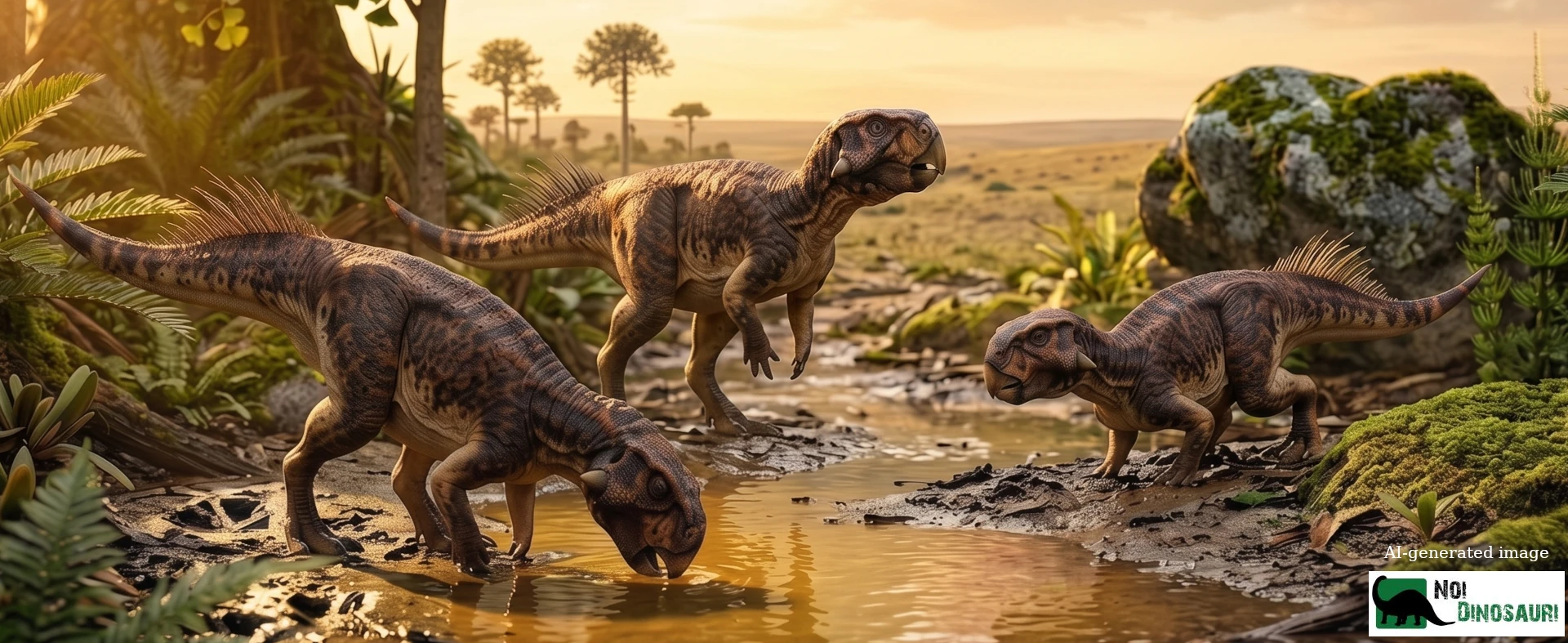 Gruppo di 3 Psittacosaurus che si abbeverano
