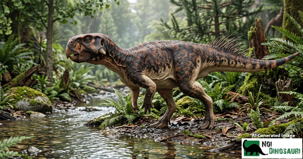 Psittacosaurus che si aggira nella foresta