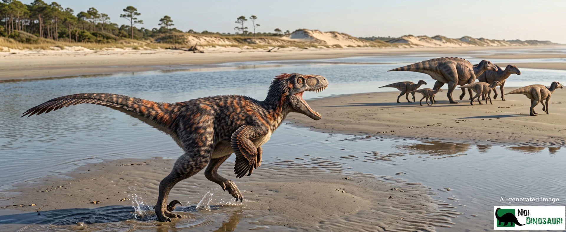 Atrociraptor punta verso un piccolo branco di Edmontosauri