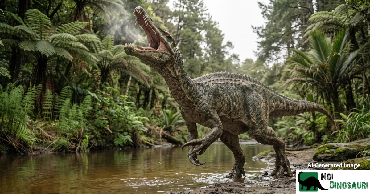 Baryonyx che emette il suo verso nella giungla