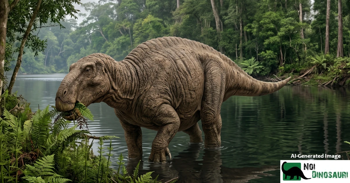 Lurdusaurus arenatus sulle rive di un fiume del Gondwana