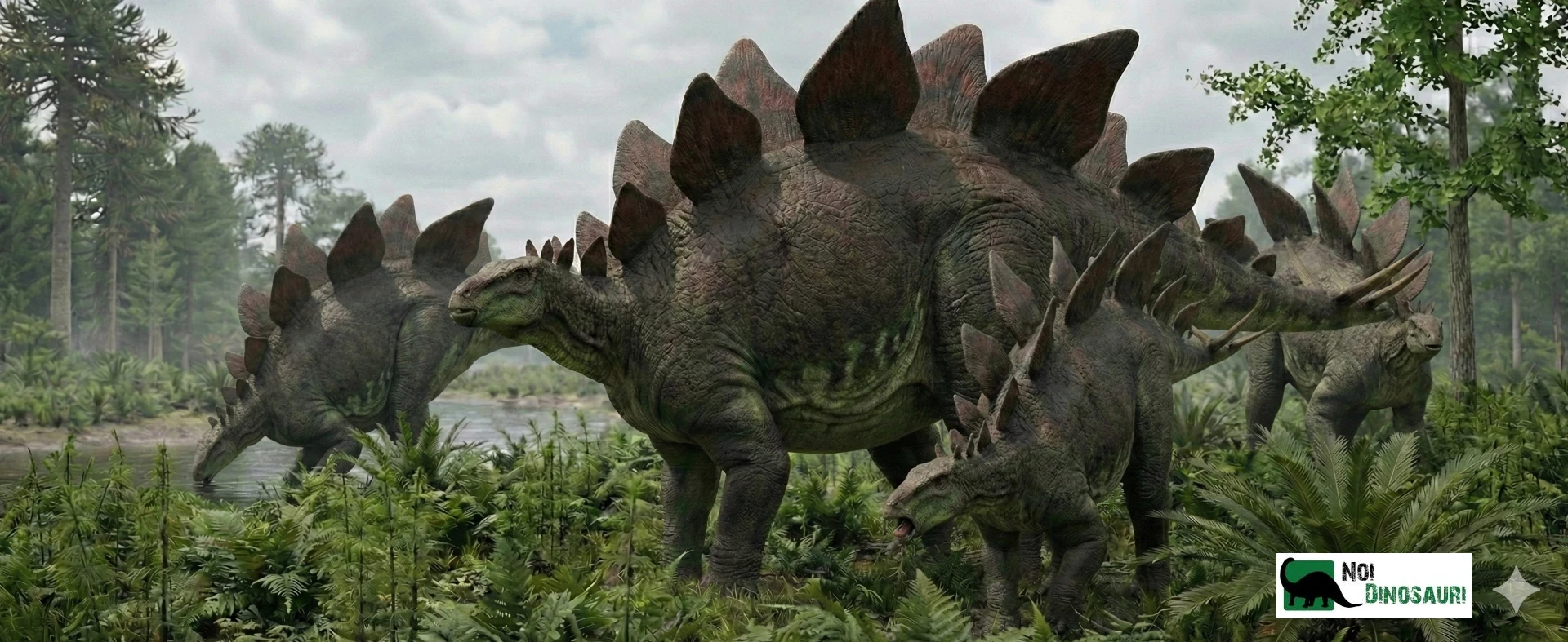 4 Stegosauruses heat near river