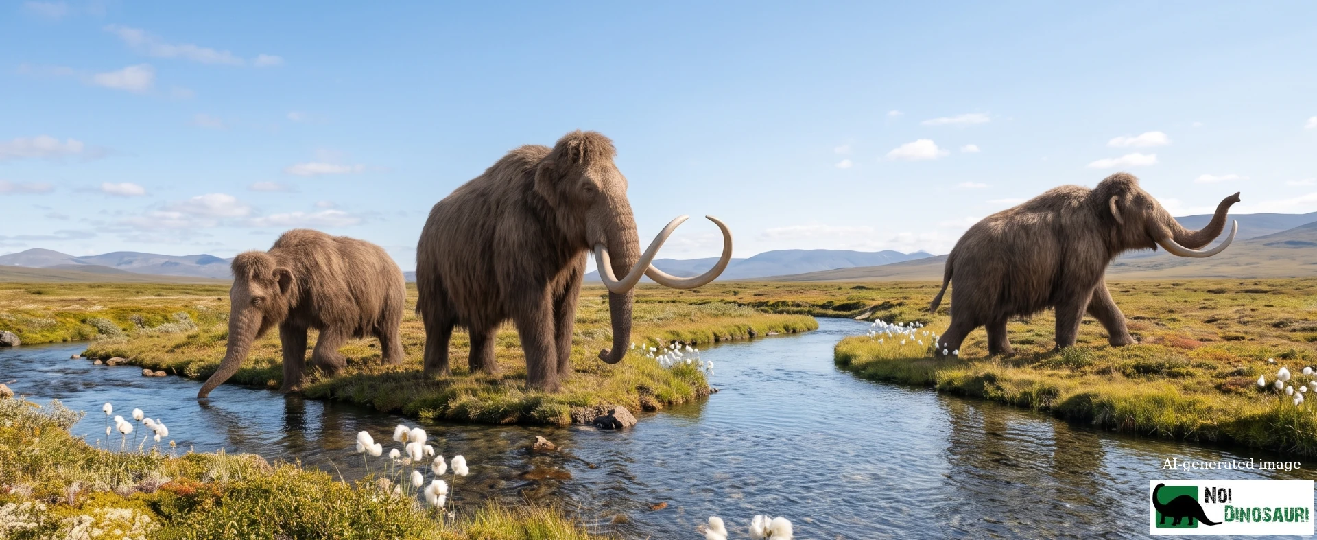 3 Mammut lanosi, lungo un corso d'acqua della steppa dei mammut in estate