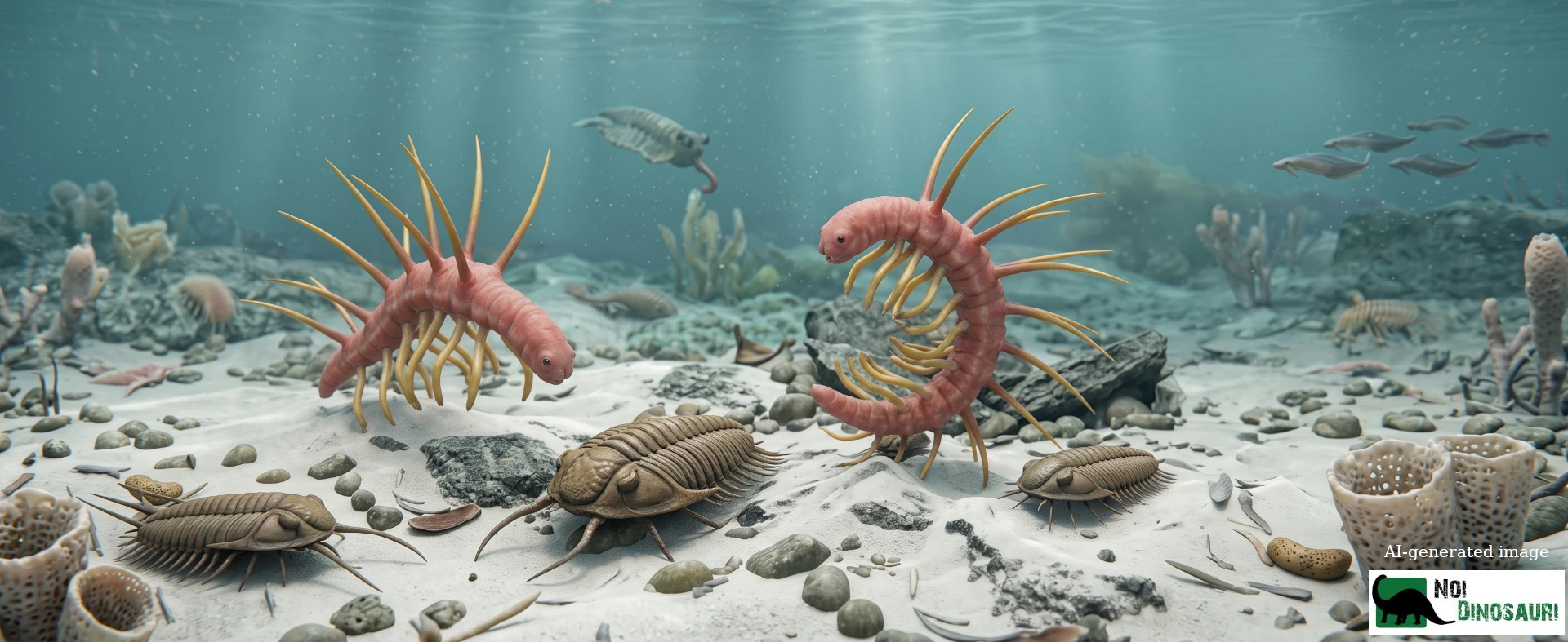 Coppia di Hallucinogenia con Trilobiti e spugne coniche primordiali