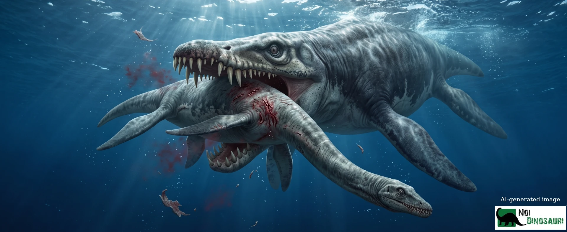 scena di predazione: Kronosaurus azzanna un Plesiosaurus