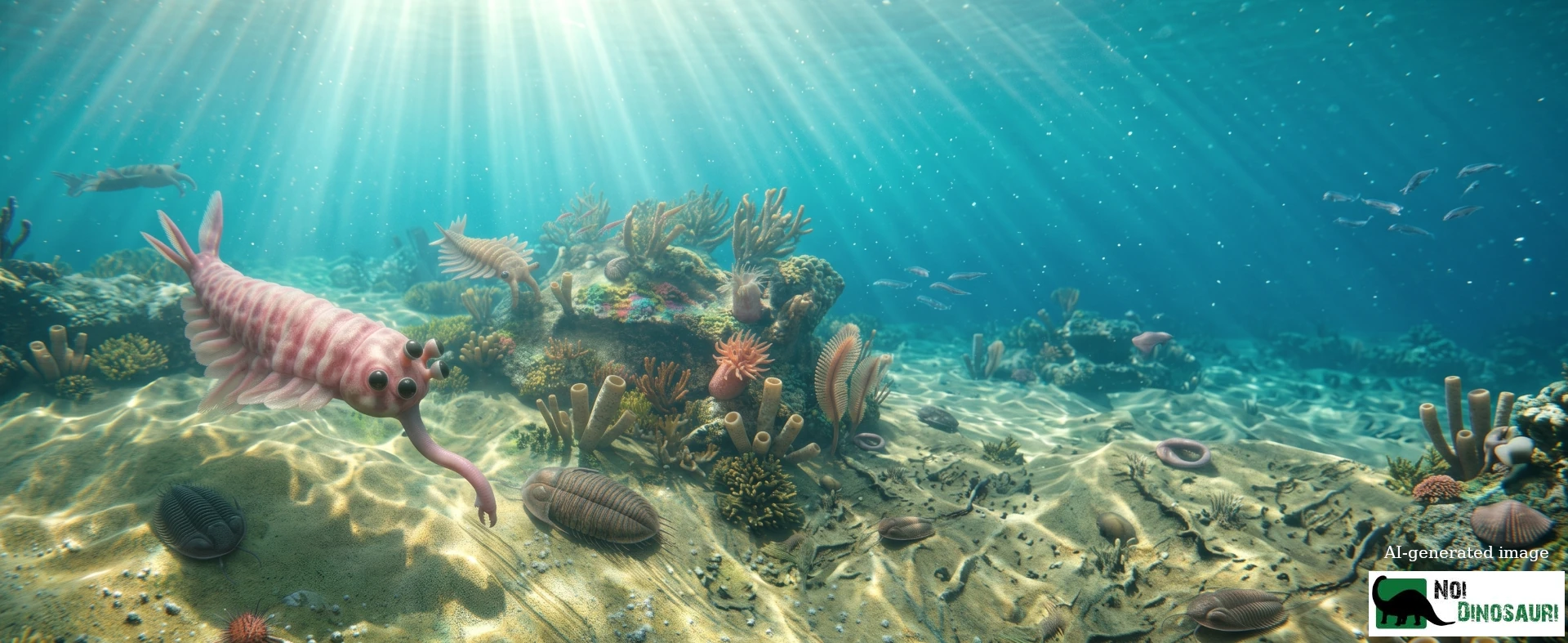 Fondale marino con Opabinia in primo piano, Trilobiti e Anomalocaris