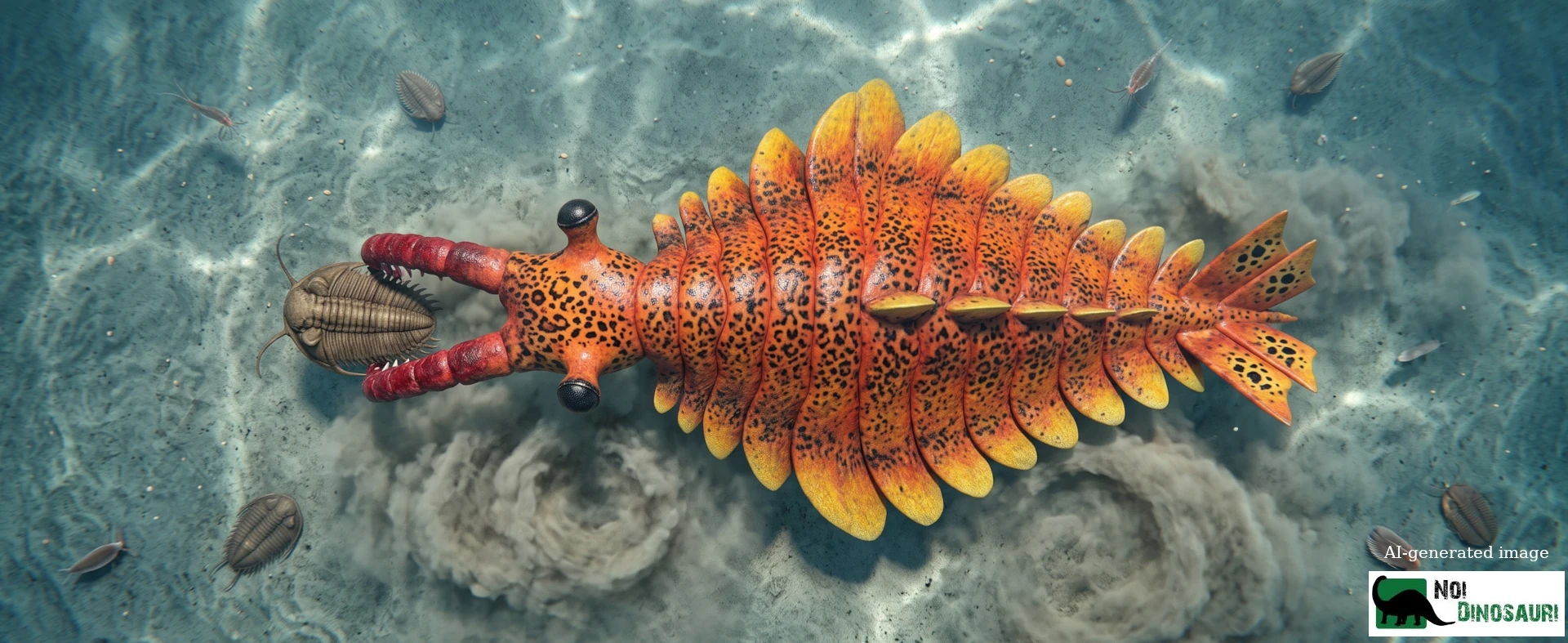 Anomalocaris canadensis visto dall'alto alle prese con un trilobite