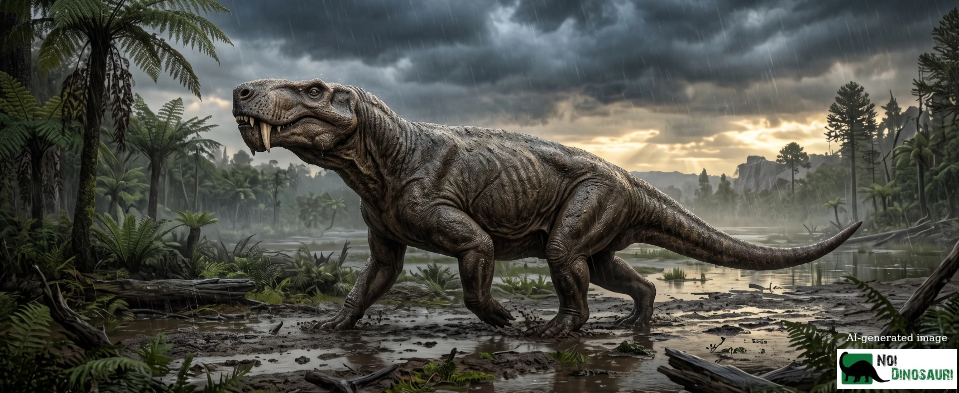 Inostrancevia che si aggira in una pianura alluvionale sotto la pioggia