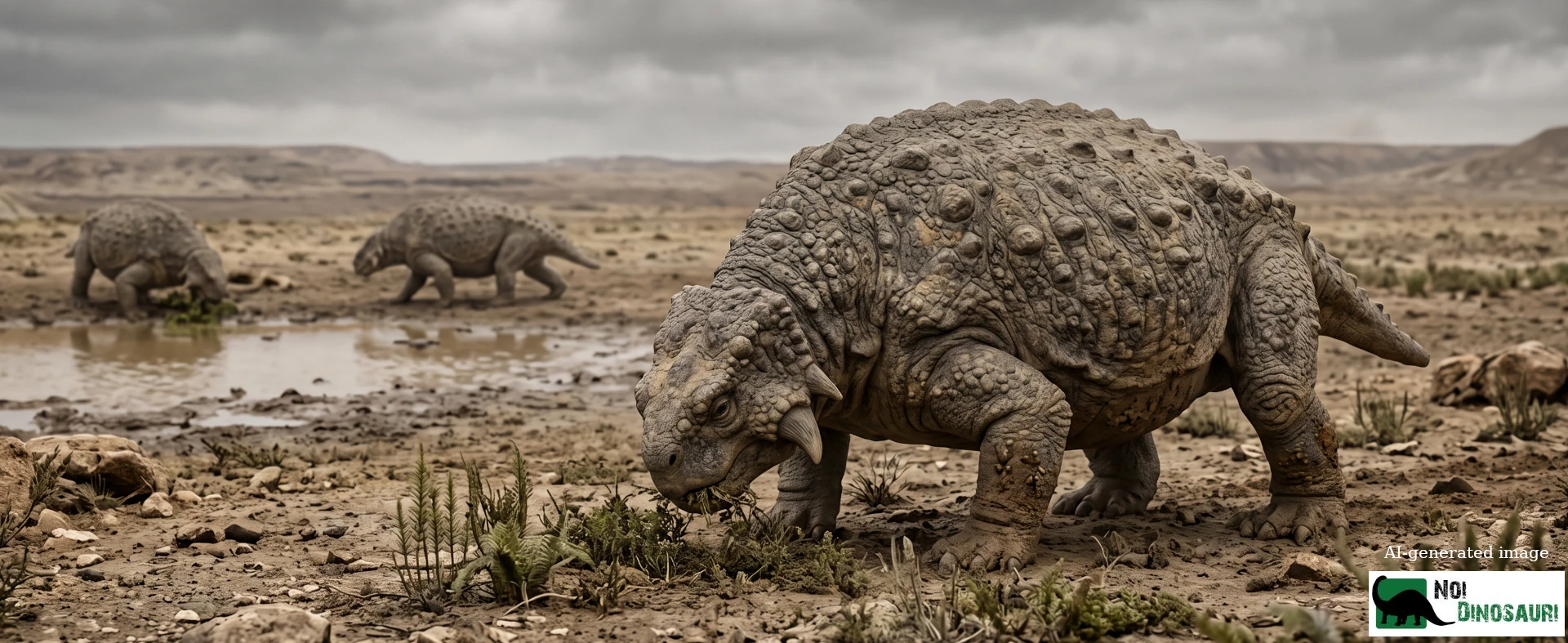 Diorama di 3 Scutosaurus che mangiano e bevono