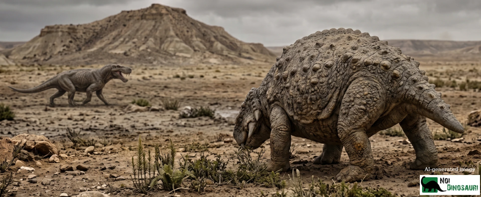 Diorama di uno Scutosaurus che si ciba e di un Inostrancevia che cammina in lontananza