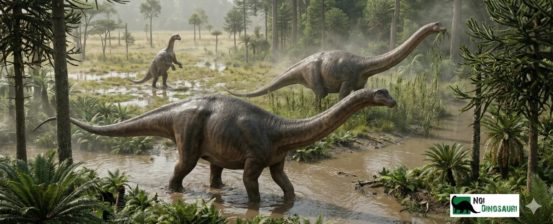 Piccolo branco di Brontosauri attraversano la pianura alluvionale