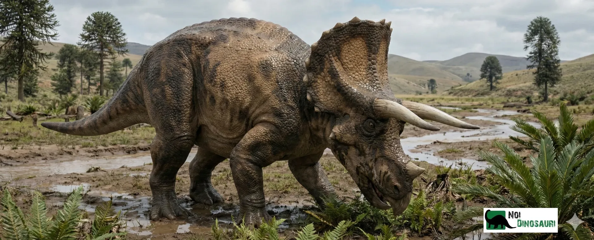 Triceratopo nella pianura alluvionale si ciba di arbusti bassi