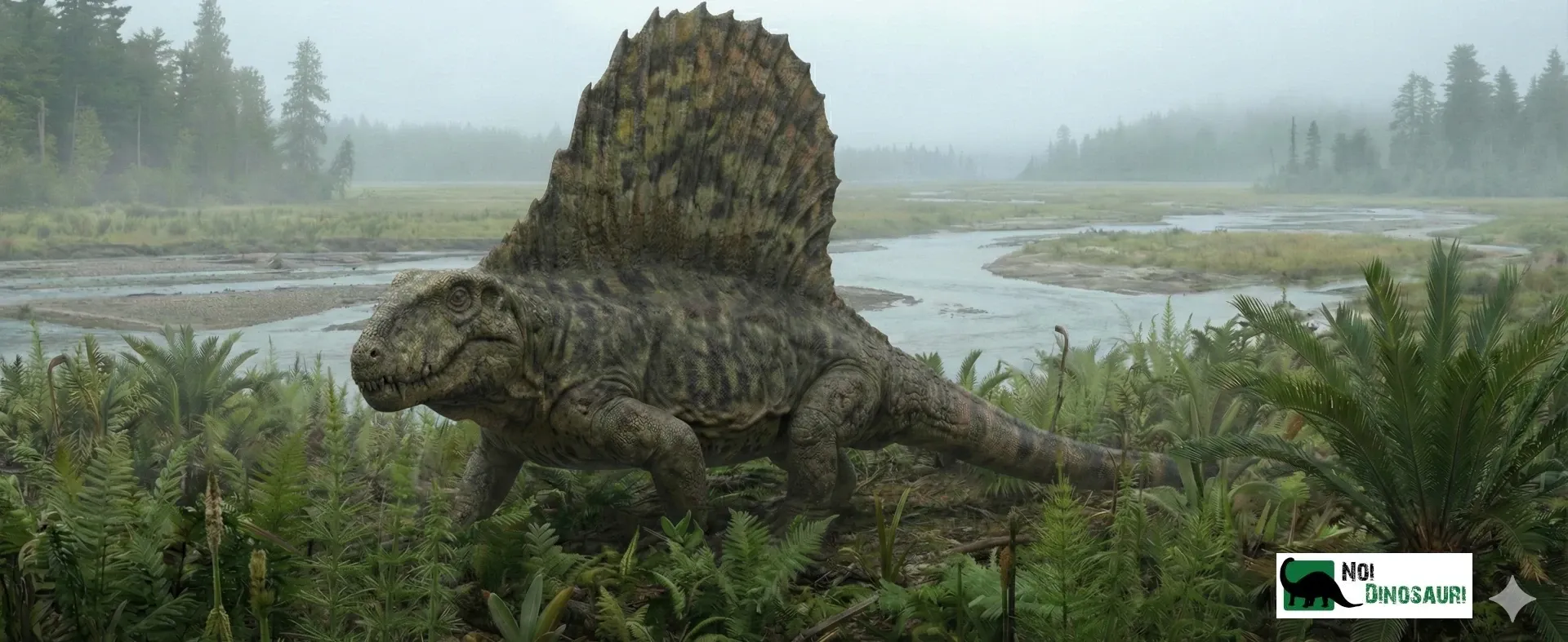Diorama virtuale: dimetrodon nella pianura alluvionale - Ai-Generated