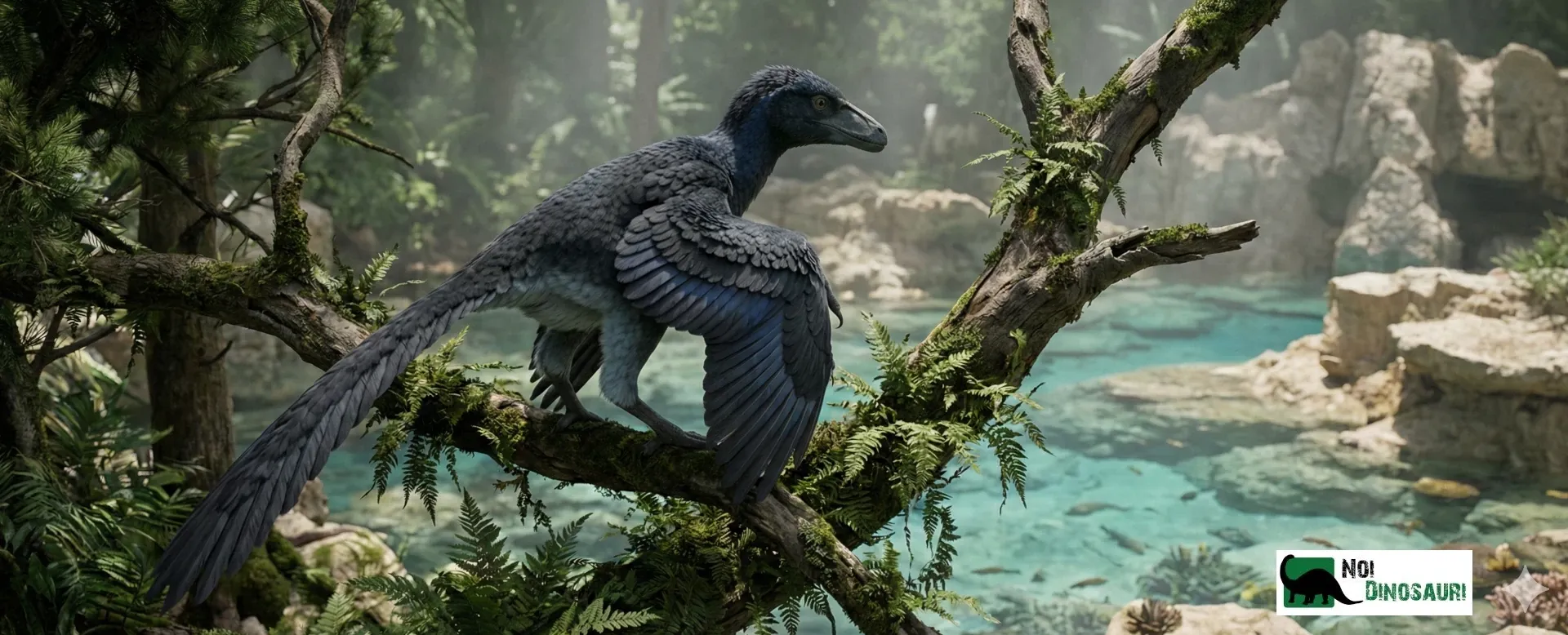 Archaeopteryx osserva la laguna da un ramo