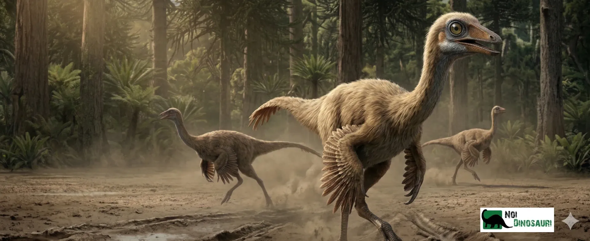 Scena: più Ornithomimus che corrono fuori da una foresta del Cretaceo Superiore - AI-Generated