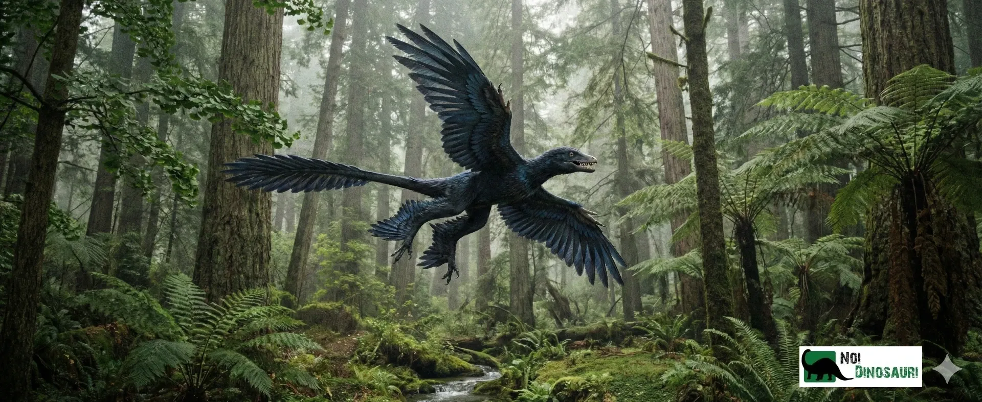 Interpretazione: microraptor plana tra i rami di una foresta del tardo cretaceo. AI-Generated