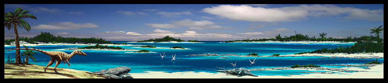 Compsognathus carnivoro in spiaggia che mangia la carcassa di un Ittiosauro